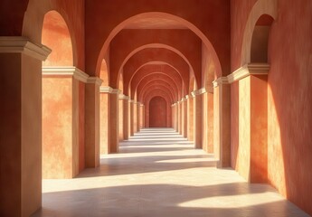 Serene Corridor with Arched Doorways and Warm Tones, Ideal for Architectural and Interior Design Photography, Evoking Tranquility and Aesthetic Harmony