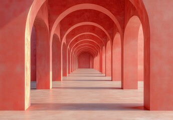 Obraz premium Serene and Minimalist Architectural Structure with Repeated Arches and Soft Coral Hues in an Infinite Perspective, Perfect for Design and Interior Inspiration