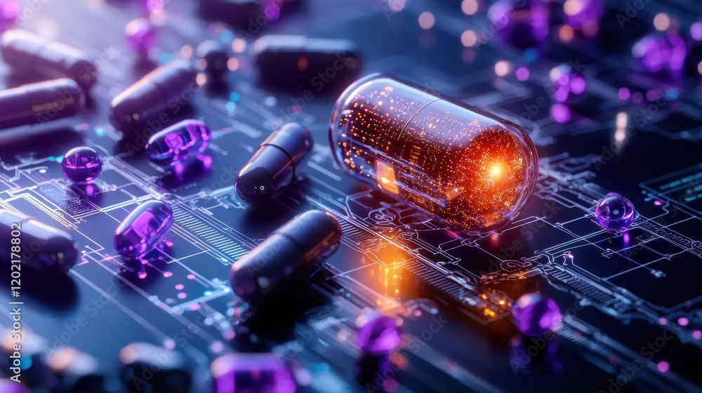 Poster futuristic scene featuring glowing capsule on circuit board, surrounded by various pills and capsule