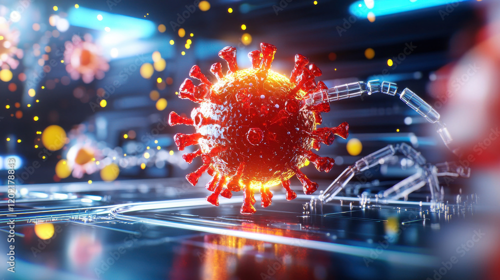 Poster detailed illustration of virus with glowing structure, showcasing its intricate design and surroundi