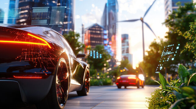 Futuristic smart city with electric cars, renewable energy, and greenery. scene showcases advanced technology and sustainable living in urban environment - Powered by Adobe