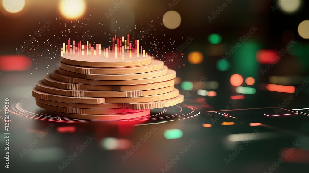 Poster abstract financial concept with stacks of coins and rising graphs glowing in a modern digital enviro