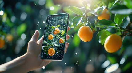 hand holding smartphone displays vibrant image of oranges on tree, surrounded by sparkling effects, showcasing blend of nature and technology