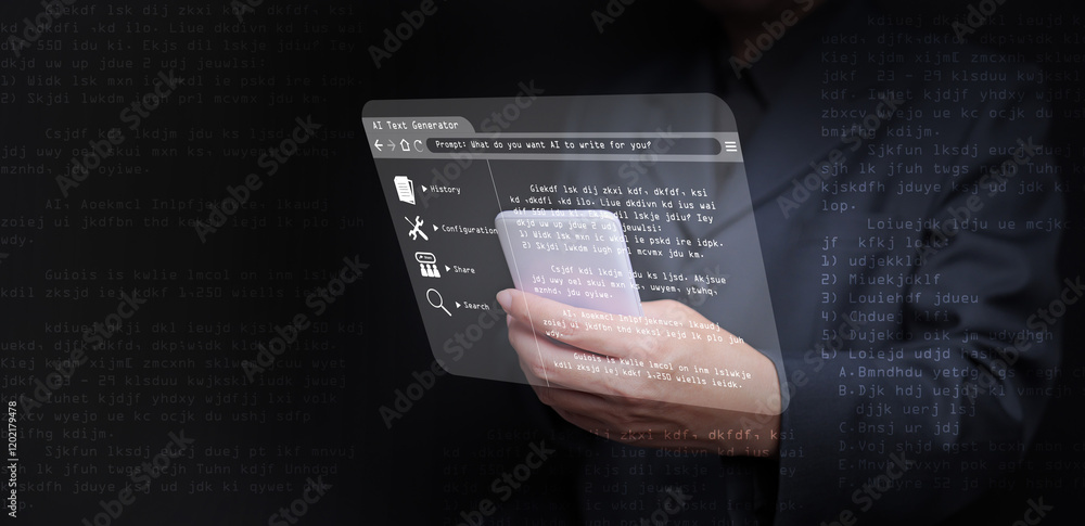 Poster ai text generator concept: a man uses ai, artificial intelligence, on his smartphone to generate tex