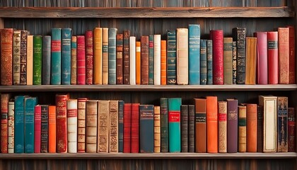colourful books on a shelf  full of books front view Old library
