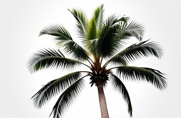 close-up of a tall and slender palm tree with long green fronds on a white background. Serene and graceful natural beauty captured in a peaceful composition