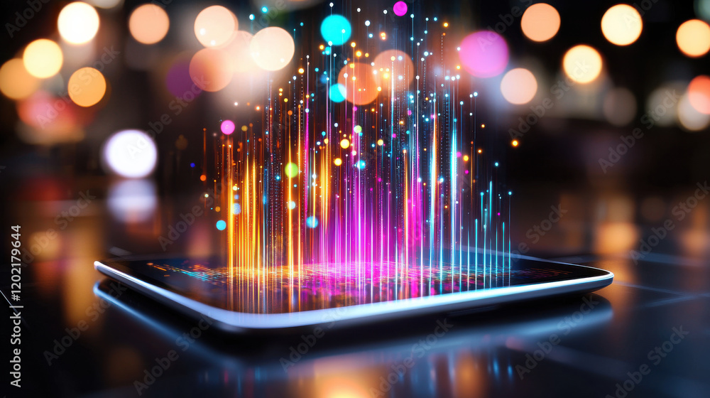 Fototapete vibrant digital display emanates colorful light beams from tablet, creating mesmerizing visual effect. scene captures essence of technology and creativity