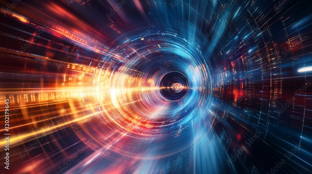 Poster abstract speed tunnel with digital lights and data stream effect in motion blur