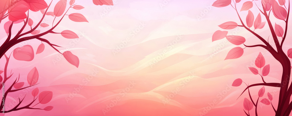 Aufkleber soft pink background with stylized trees and leaves, creating romantic and dreamy atmosphere. ideal 