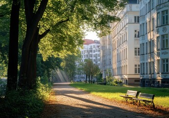 Obraz premium Serene Urban Park Scene with Sunlight Filtering Through Green Leaves Along a Quiet Pathway Beside Elegant White Architecture in the Background
