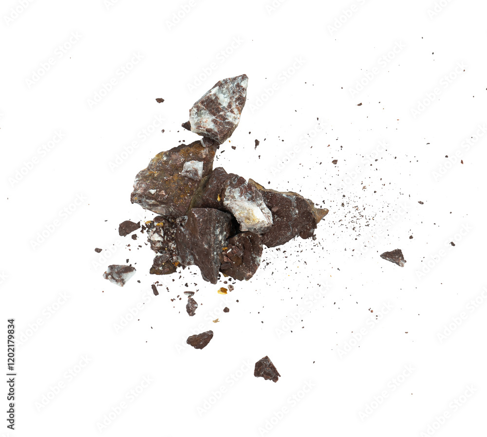 Poster explosion of rock with dust isolated element