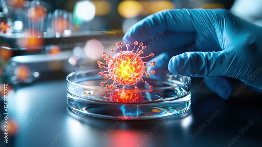 Poster close up of petri dish with glowing virus model, showcasing scientific research and innovation in mi