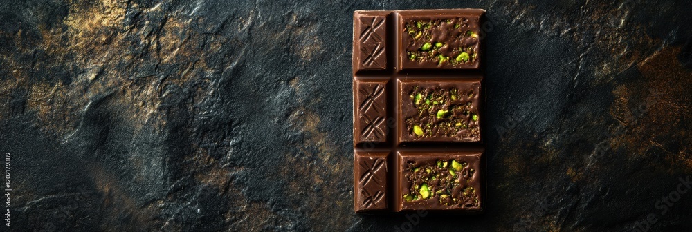 Poster indulgent chocolate with pistachio filling served on a golden plate adorned with intricate arabic pa