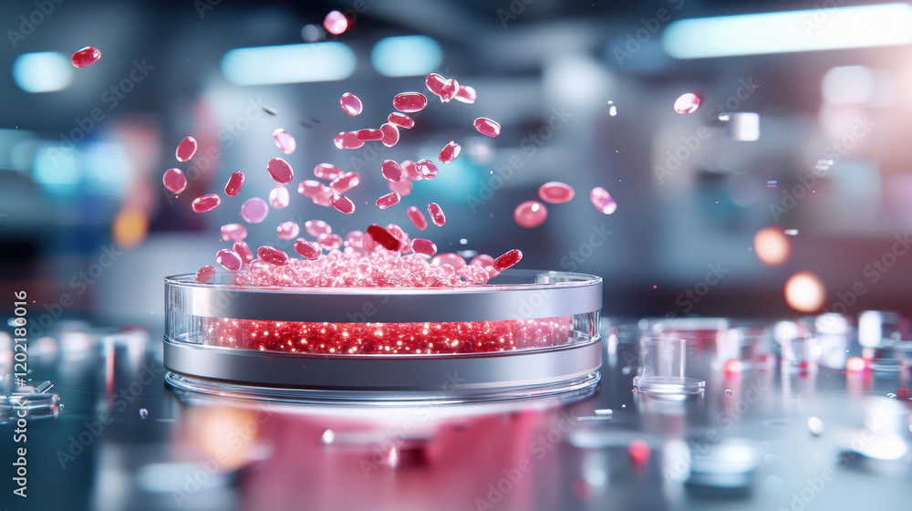 Fototapete high resolution close up of petri dish filled with red capsules, showcasing dynamic scene with capsu