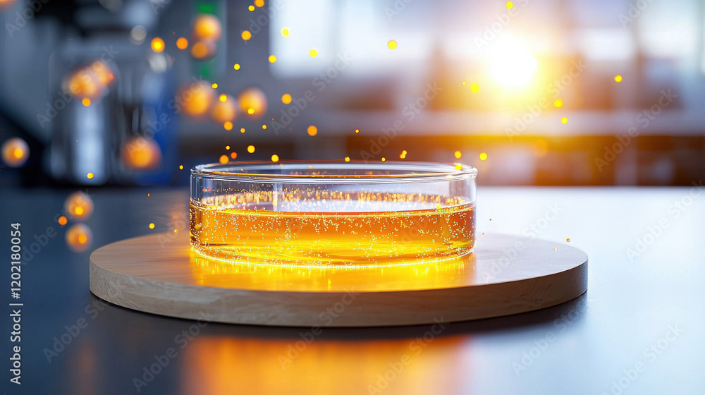 Poster high resolution close up of petri dish containing glowing liquid, surrounded by floating particles, 