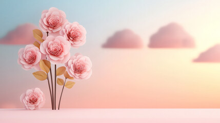 Obraz premium Beautiful pink roses with soft clouds in pastel sky create serene and romantic atmosphere. This illustration captures essence of tranquility and elegance