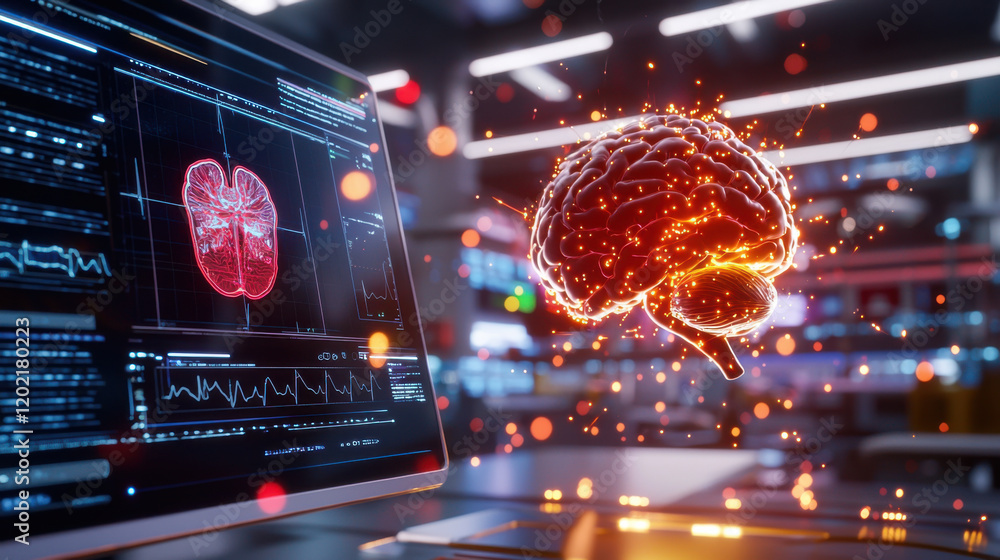 Aufkleber high resolution depiction of virtual reality system showcasing glowing brain model alongside digital data analysis on computer screen, illustrating advanced technology and neuroscience