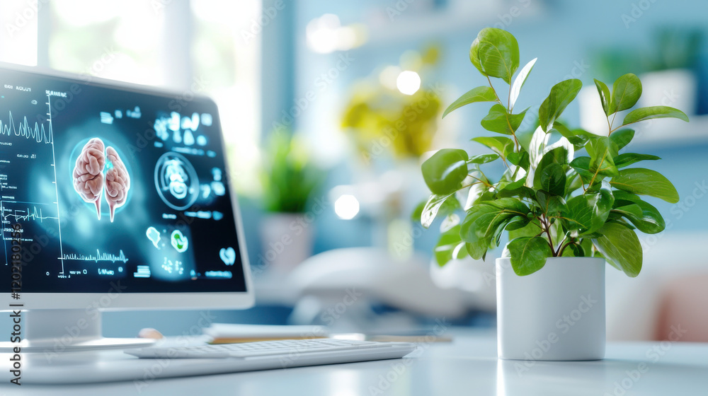 Poster modern workspace featuring computer displaying brain activity data alongside vibrant green plant, cr