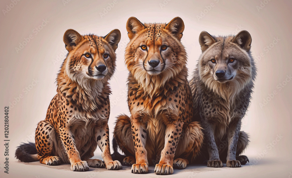 Poster three cats are sitting in a row, one of which is a cheetah. the cats are all sitting on a white back