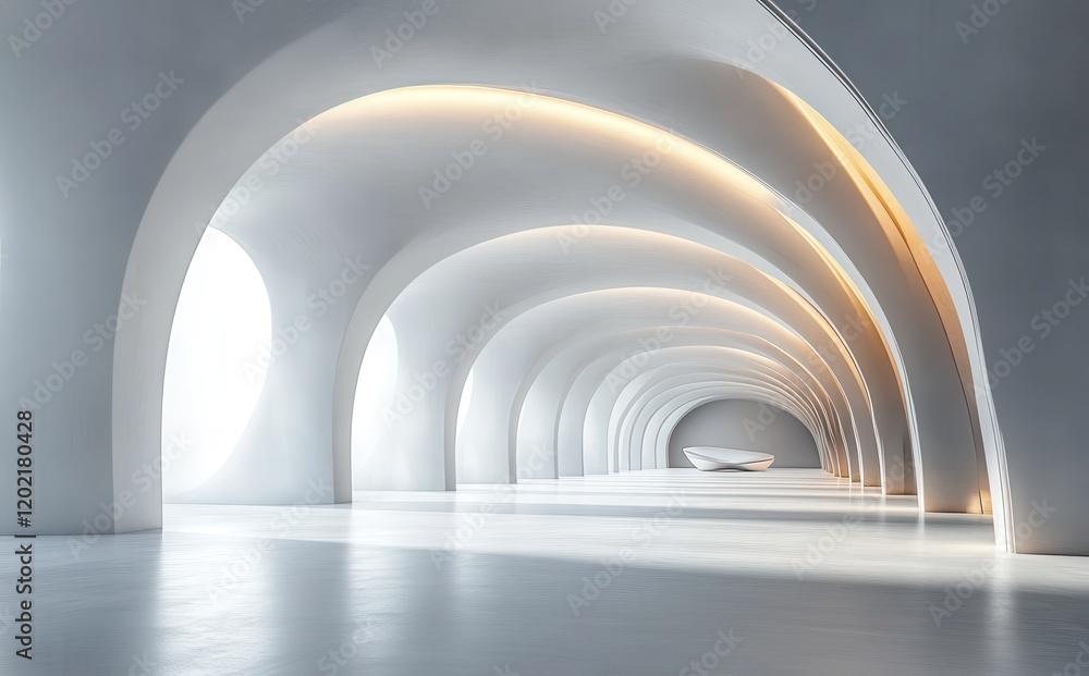 Poster spacious modern interior featuring smooth arches and soft lighting, creating an elegant atmosphere w