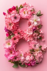 number 8 made of pink flowers. Selective focus