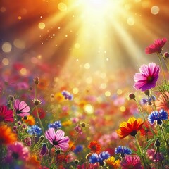 Obraz premium A colorful wildflower meadow in full bloom, with soft sunlight streaming through, casting a warm glow on the vibrant petals