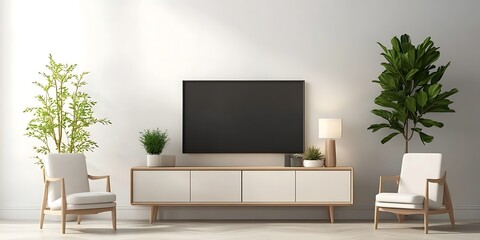  Mockup white wall background Modern living room decor with a tv cabinet and plants mock up white wall and a black flat screen television.