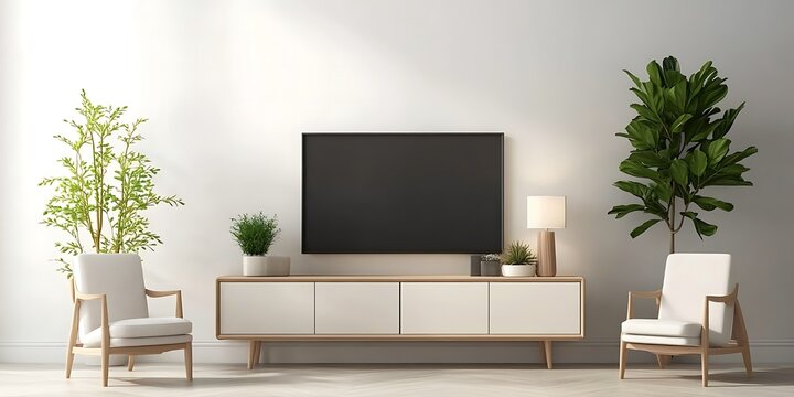  Mockup white wall background Modern living room decor with a tv cabinet and plants mock up white wall and a black flat screen television.