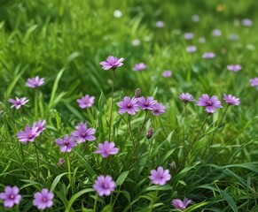 Fototapeta premium Close-up of delicate purple wildflower against lush green grass, garden, wildflowers, grass background