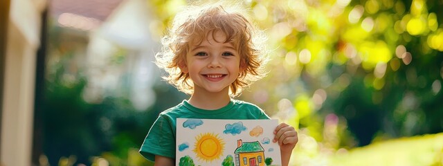 happy child with a drawing of a house in his hands. Selective focus