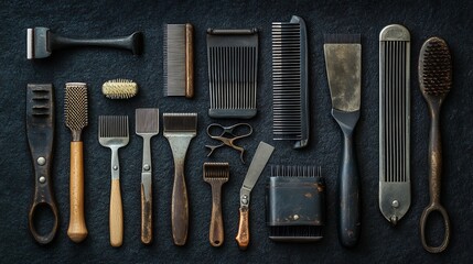 A collection of vintage grooming tools, including combs and brushes, arranged on a dark surface for a retro look