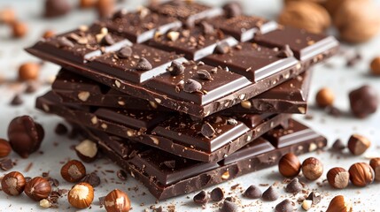 Group of stacked assorted chocolate with nuts and chips  sprinkled on them