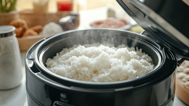 Modern rice cooker with freshly cooked rice. Emphasizing convenience and modern cooking technology. Ideal for appliance advertisements and cooking blogs.