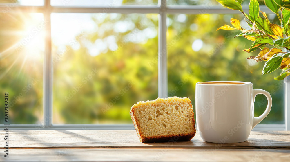 Poster cozy scene featuring cup of coffee and slice of cake on wooden table by sunlit window, creating warm