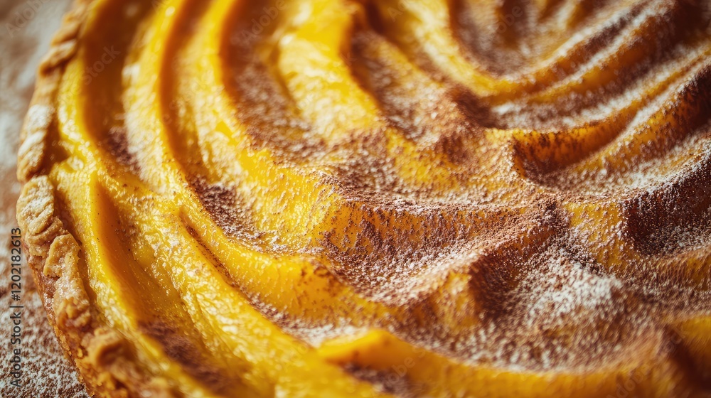 Poster pumpkin pie close-up with decorative swirls and dusting of powdered sugar on top copy space