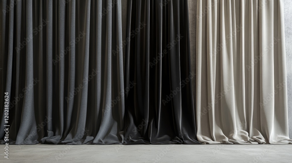 Poster textured fabric drapes in neutral colors gray black and beige hanging against a plain wall with copy