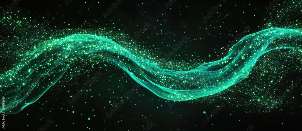 Poster Abstract green swirling light with particles on a dark background suitable for copy space and visual effects design