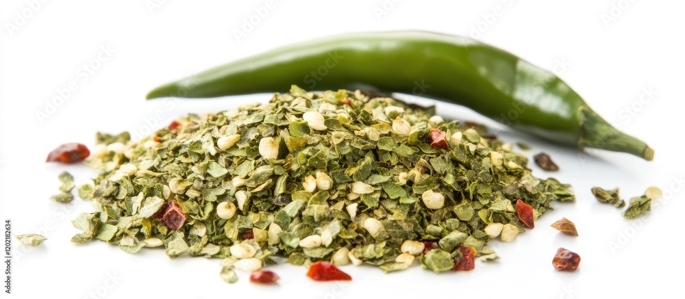 Poster green chili pepper with a mound of mixed dried herbs and spices on a white background with ample cop