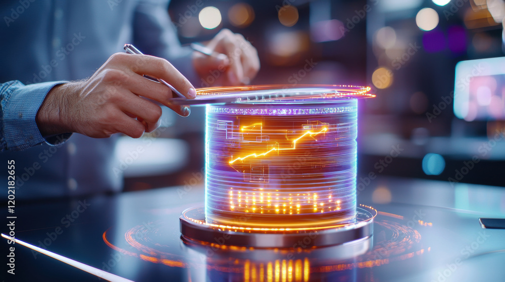 Fototapete person interacting with futuristic holographic display showcasing data analytics and growth trends in modern workspace. atmosphere is high tech and innovative