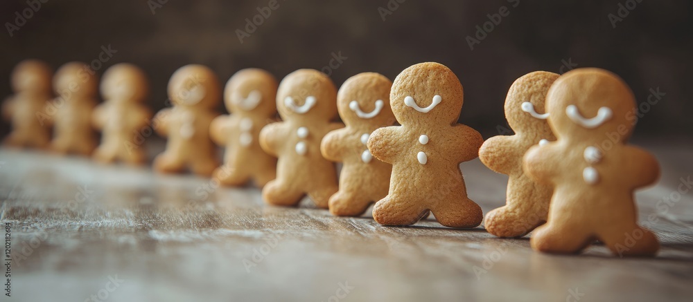 Poster Line of gingerbread cookie figures arranged on a wooden surface with copy space for text