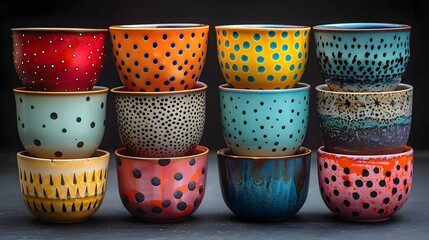 Group of colorful ceramic cups stacked creatively over each other