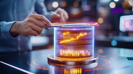 person interacting with futuristic holographic display showcasing data analytics and growth trends in modern workspace. atmosphere is high tech and innovative