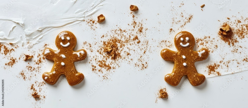 Poster gingerbread cookies with icing and crumbs on a white background copy space