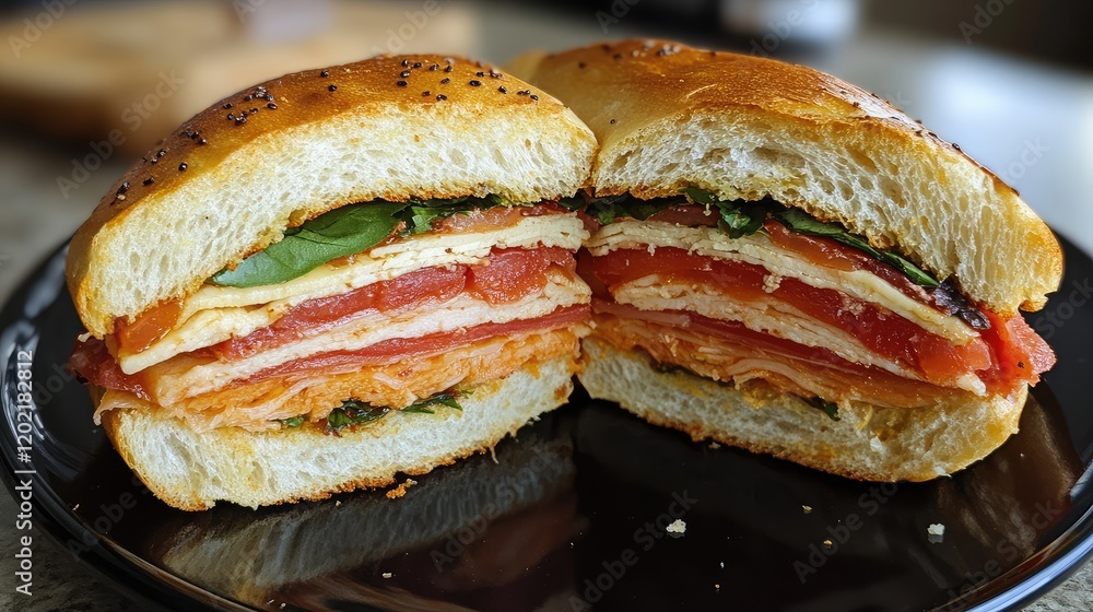Poster cross-section view of a layered sandwich with ham, cheese, and fresh vegetables on a poppy seed bun 
