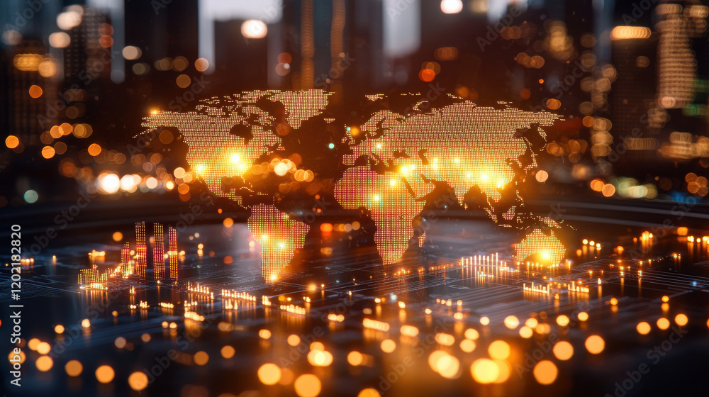 Aufkleber digital world map illuminated with glowing lights, set against city skyline. image conveys sense of 