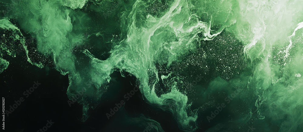 Poster Abstract green smoke texture with swirling patterns and bubbles on a dark background featuring ample copy space for text placement.