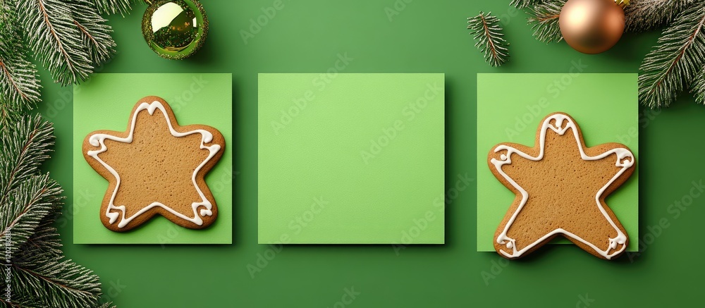 Aufkleber Green background with gingerbread cookies and festive ornaments two blank rectangles for copy space during the holiday season