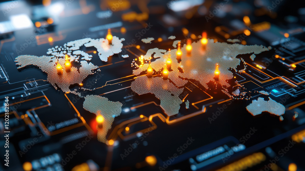 Poster high resolution image of global map with digital overlays, showcasing interconnected data points and glowing elements, representing technology and connectivity