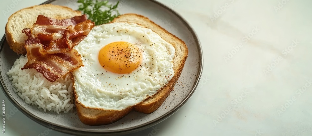 Poster breakfast plate with fried egg on toast, bacon strips, and rice on a gray plate with copy space for 