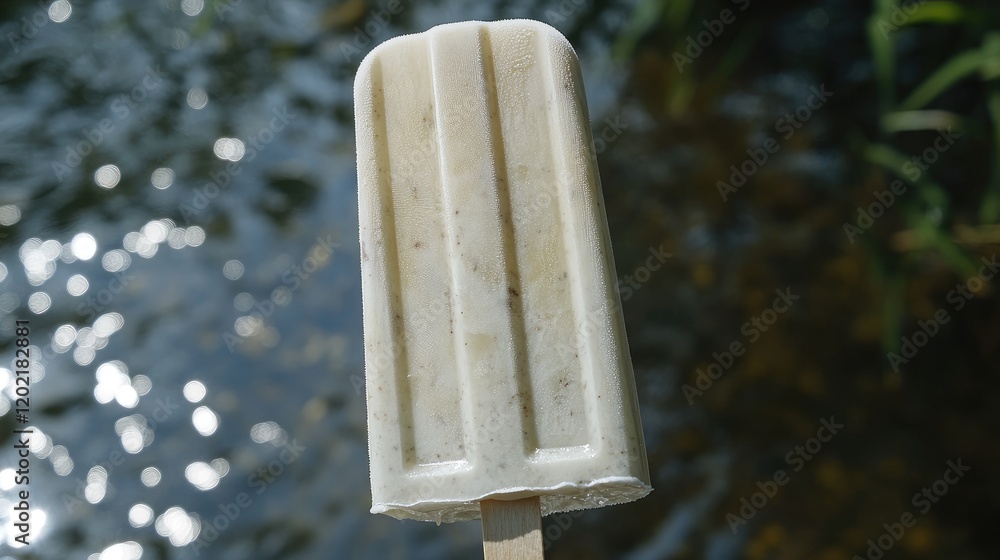 Poster ice cream popsicle on wooden stick with reflection of water in the background copy space